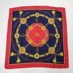 CELINE Vintage Silk Scarf Horse Belt Tassel pattern Navya & Red